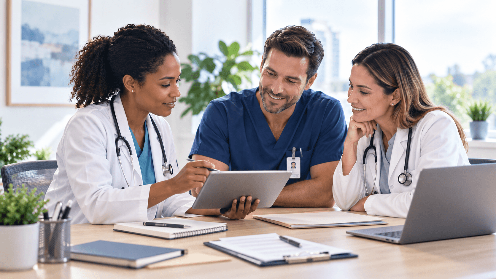 Three healthcare professionals reviewing a tablet together in a primary care office