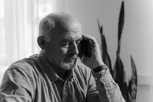 Adult son checking on elderly parent's wellness through Positive Check app
