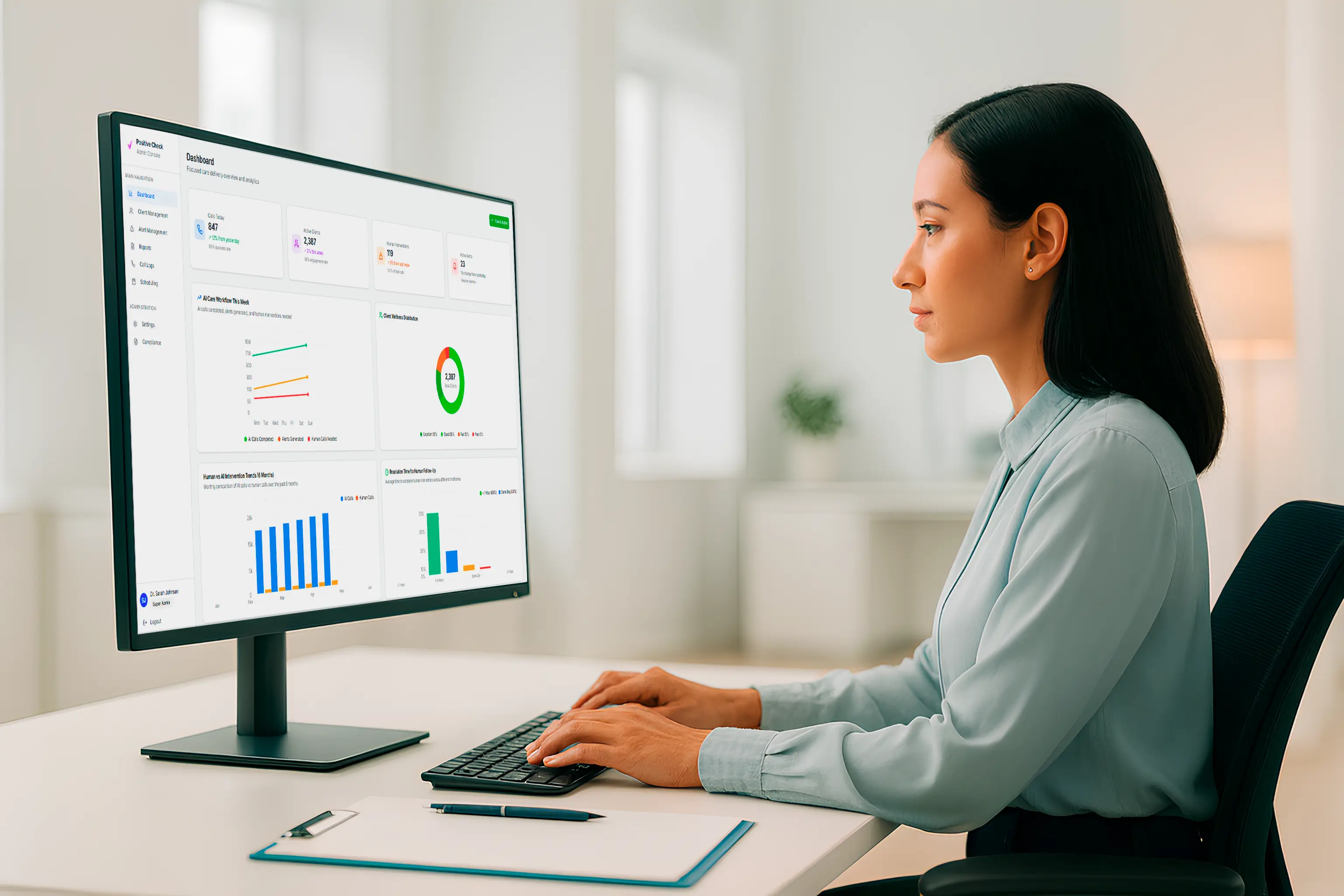 Medical professional using Positive Check admin console for remote patient monitoring